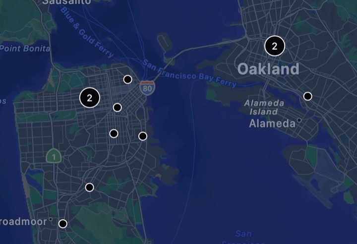 Map view of billiards halls around the San Francisco Bay Area