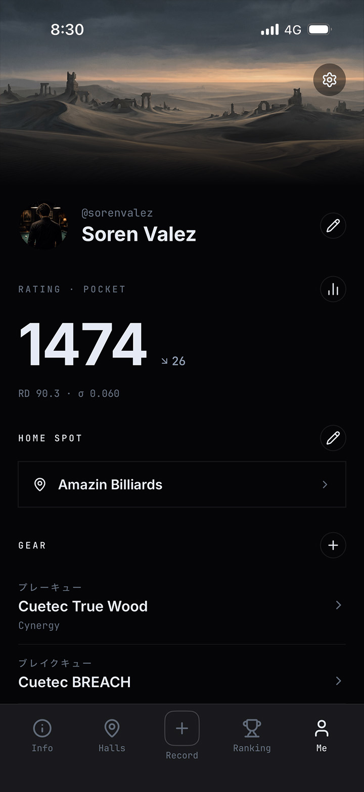 BREAKERS app — player profile with home spot, cues and stats